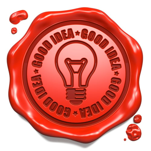 Good Idea Slogan with Light Bulb Icon - Stamp on Red Wax Seal Isolated on White. Business Concept..jpeg